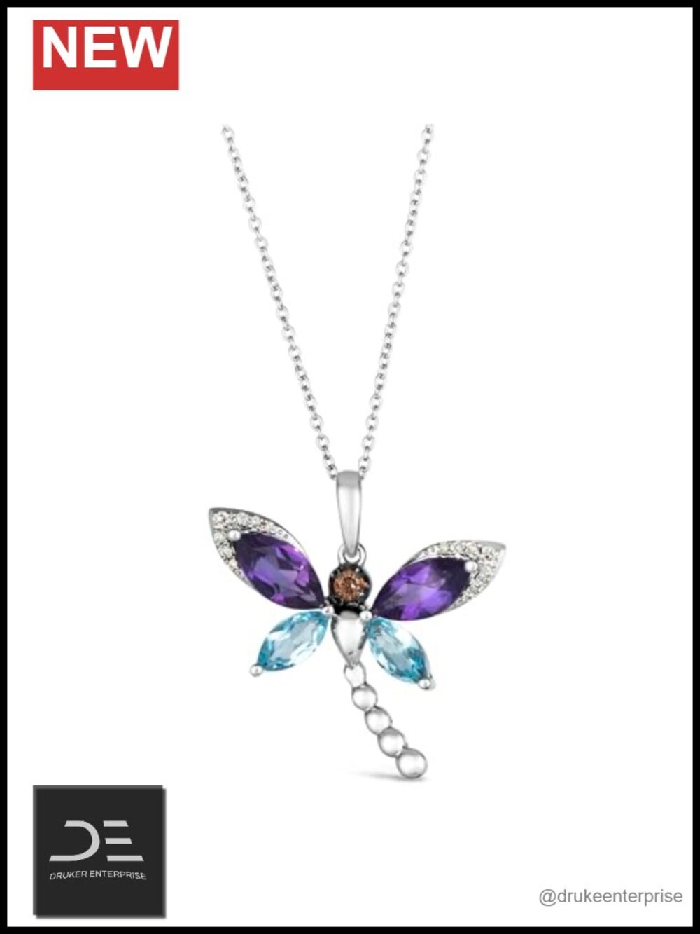 14k White Gold Dragonfly Pendant Necklace 1/10 Carat Diamond Blue Topaz